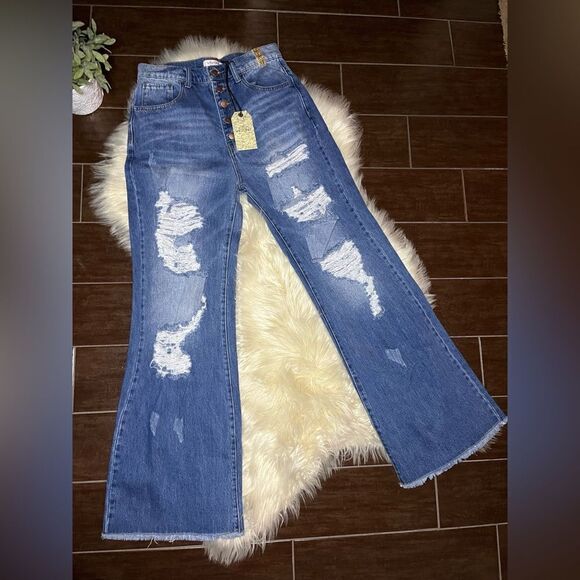 Vibrant M.i.U Ripped Hem Button fly Wide Leg distressed Jeans Sz 13 - Picture 2 of 11